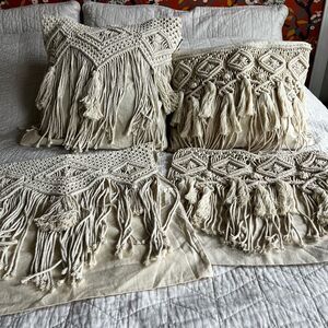 Boho Macrame Pillow Covers Set of 4 100% Cotton Fringe Throw‎ Pillowcases Cream